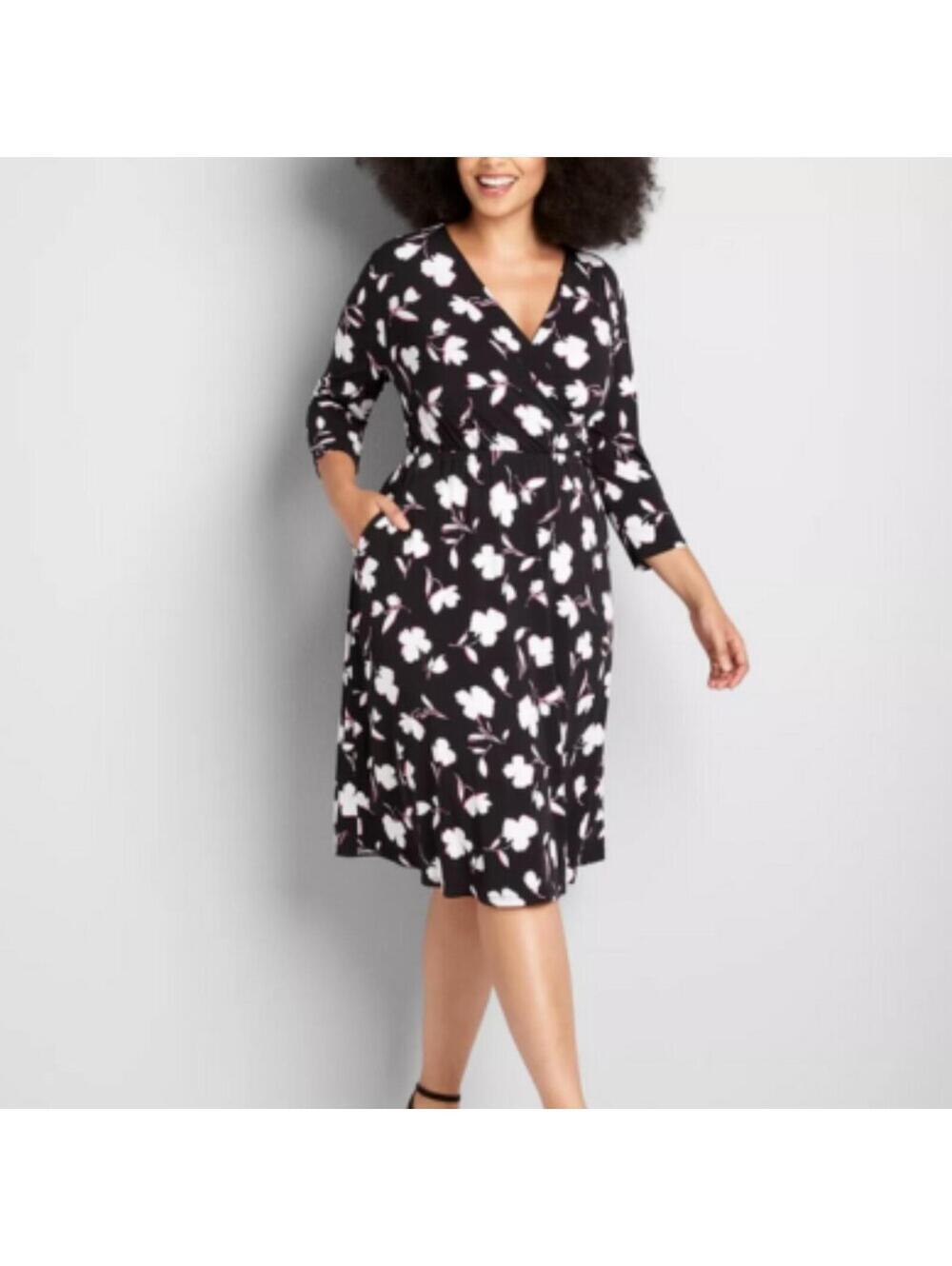 Lane Bryant Fit Flare Midi Dress 14 16 NWT Black Floral Long Sleeves Pockets NEW